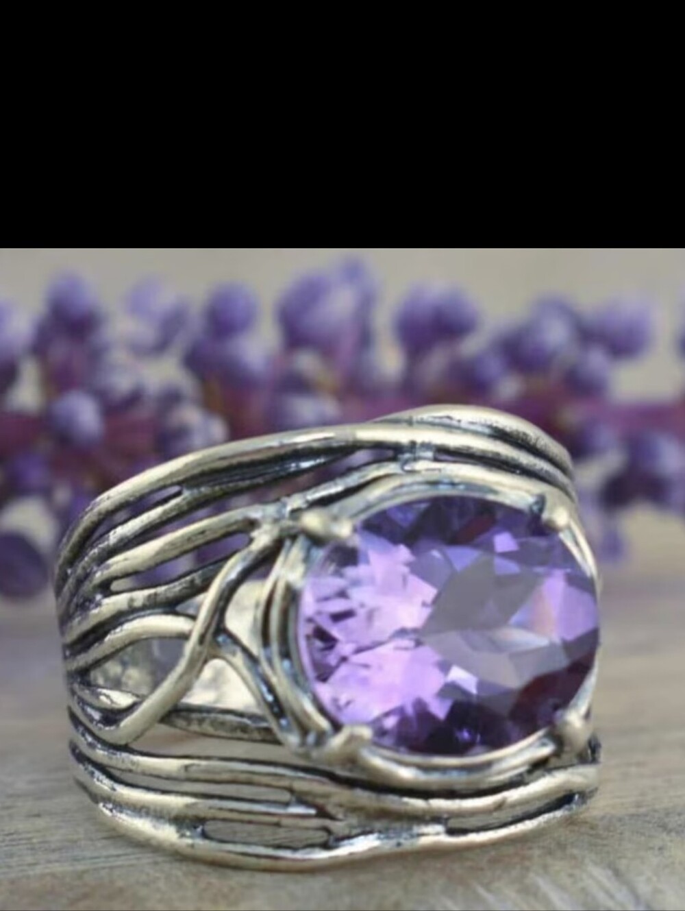 Amethyst Glass Stone Silver Boho Fashion Ring - Size 8